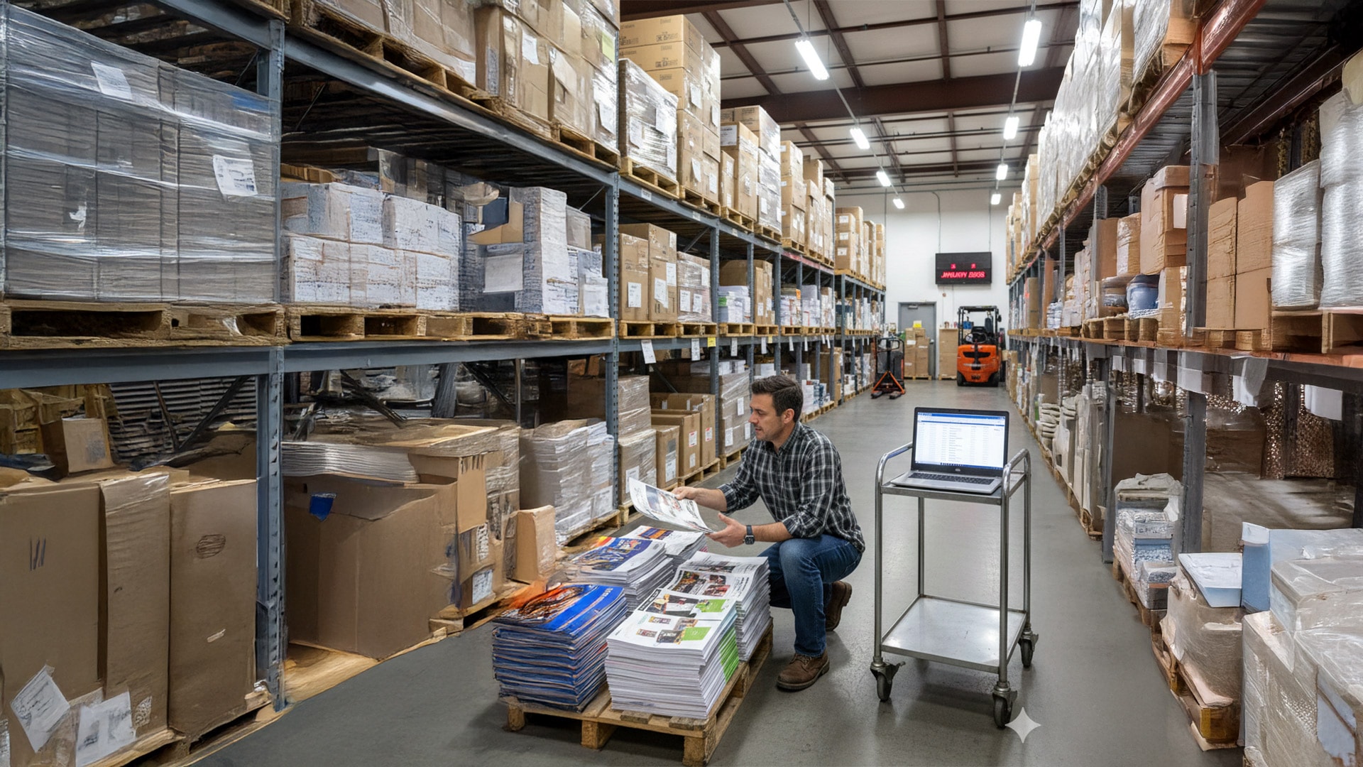 Print collateral fulfillment operations showing organized storage and distribution of printed materials